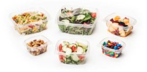 hinged food containers with a variety of food enclosed