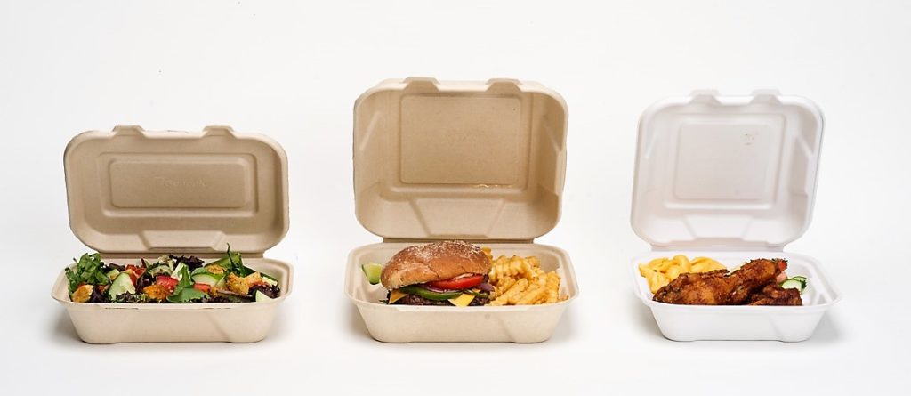 3 compostable hinged food containers
