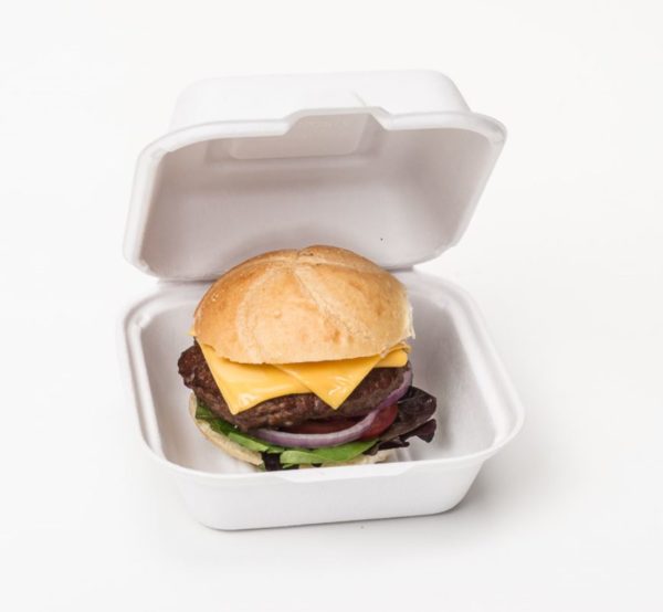 HF225 white hinged food container with hamburger inside