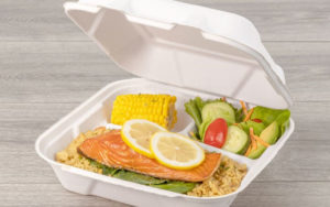 salmon lunch served in 3 compartment hinged container