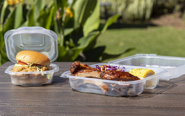sustainable food packaging - 2 hinged containers with lunch on table