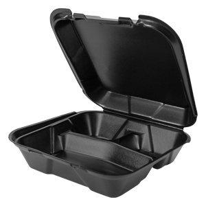 Black 9" x 9" Three-Compartment Snap It Lock Hinged Square Container