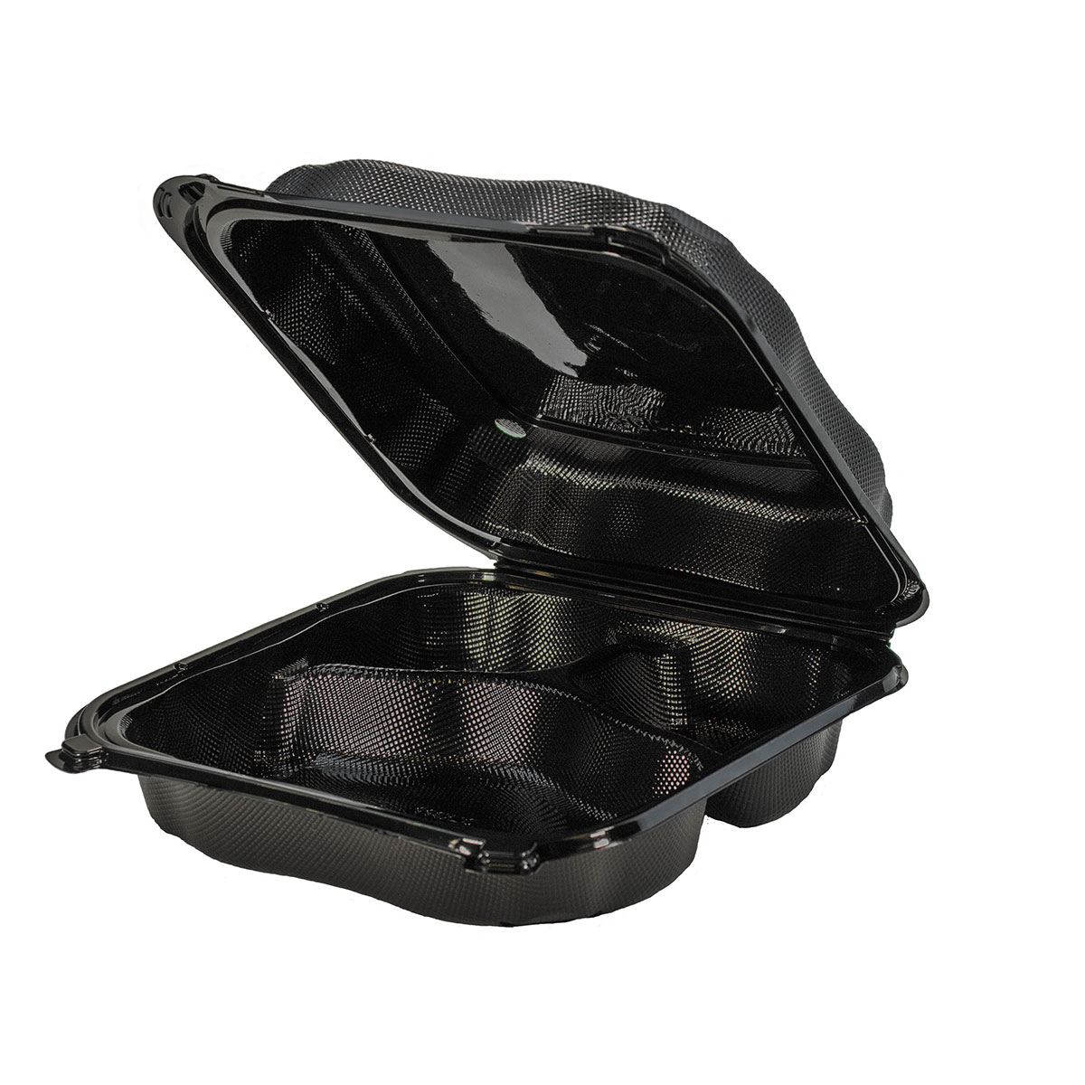 Black 9" x 9" Three-Compartment Hinged Square Container