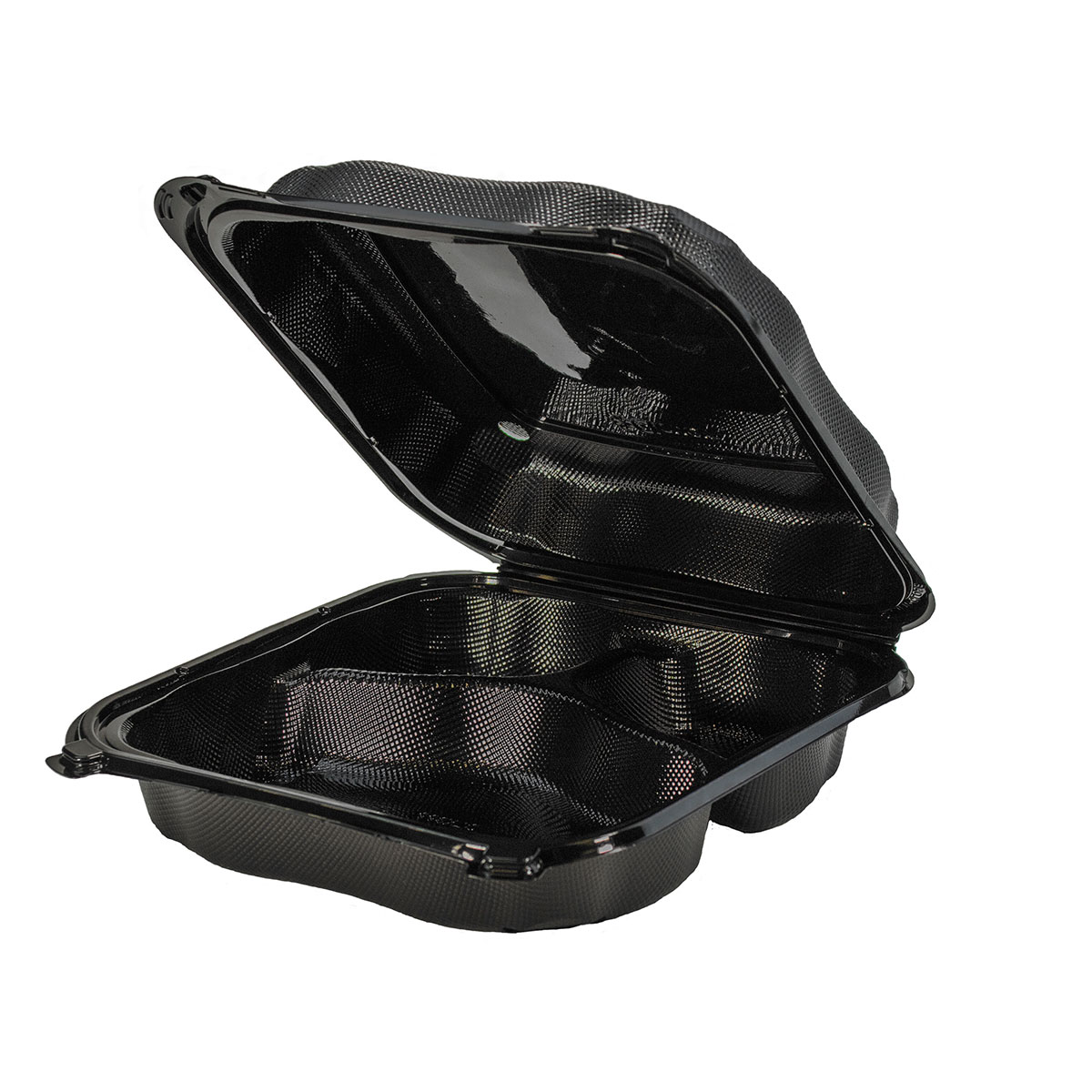 PV203, Black Base with Clear Lid 9 x 9 Three-Compartment Hinged Square  Container, 9.50 x 9.13 x 2.78