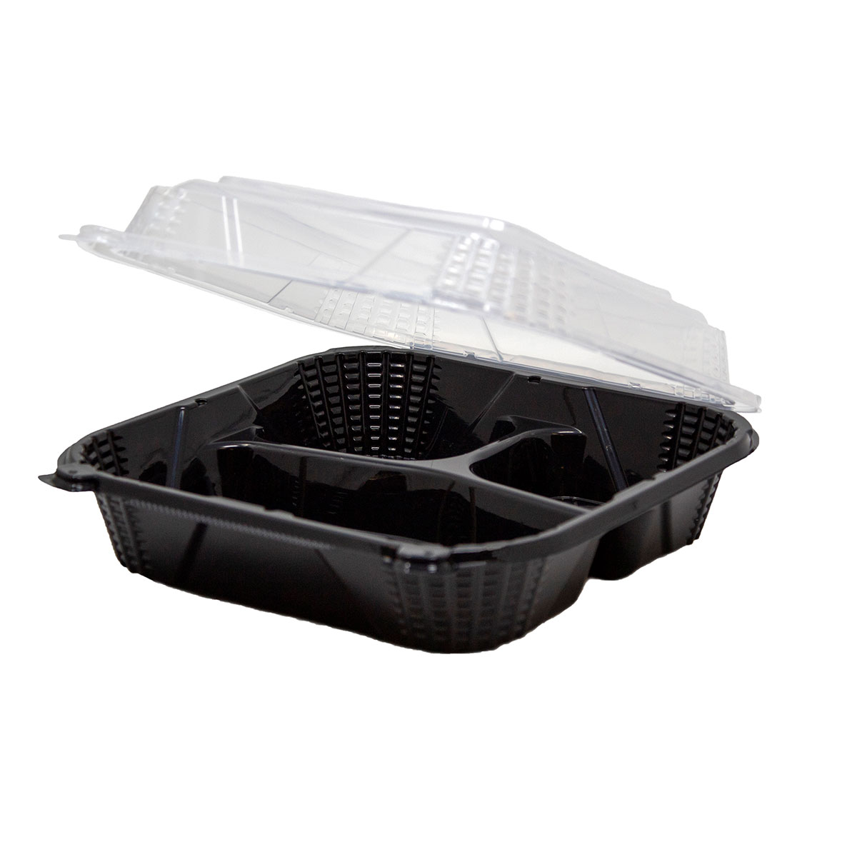 Black Base with Clear Lid 9" x 9" Three-Compartment Hinged Square Container