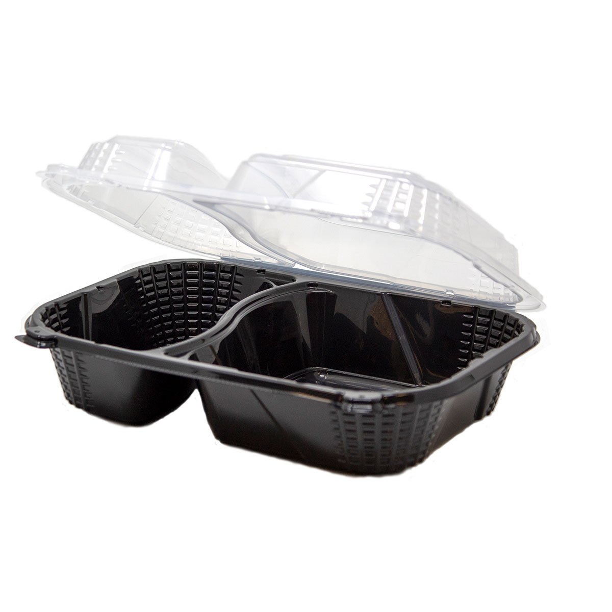 Black Base with Clear Close-Off Lid 9" x 7" Two-Compartment Hinged Rectangle Container