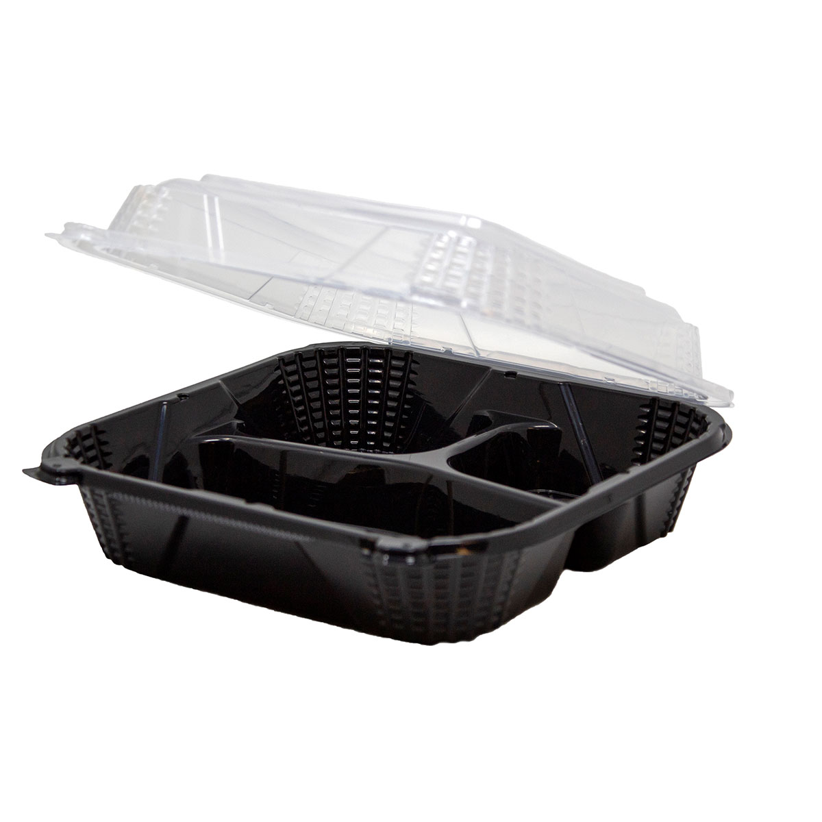 Black Base with Clear Lid 8" x 8" Three-Compartment Hinged Square Container