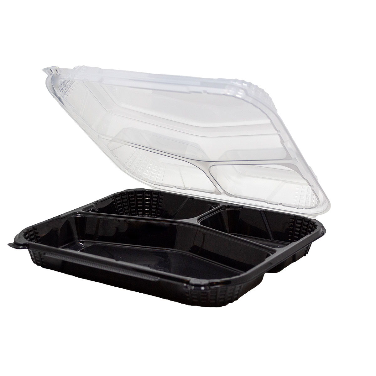 Black Base with Clear Close-Off Lid 10" x 9" Three-Compartment Hinged Square Container