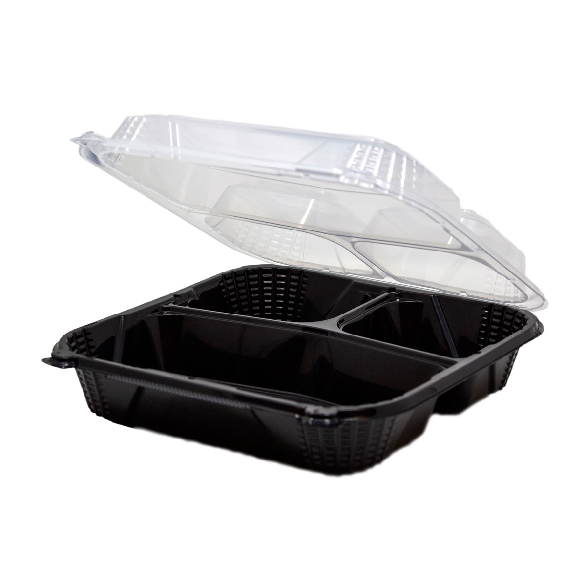 Black Base with Clear Close-Off Lid 9" x 9" Three-Compartment Hinged Square Container