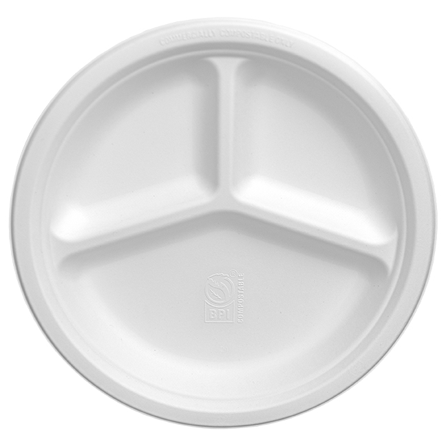 Natural White 10" Three-Compartment Round Plate NO ADDED PFAS