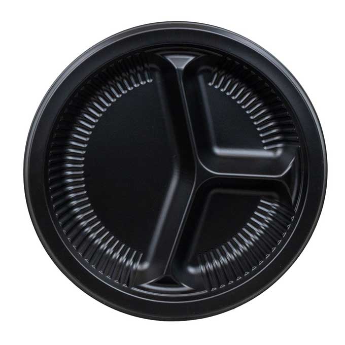 Black 10" Three-Compartment Round Ribbed Plate
