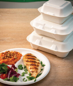 white Harvest Fiber hinged containers and 3 compartment plate