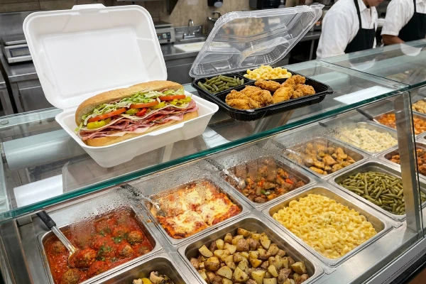 food containers filled on serving counter