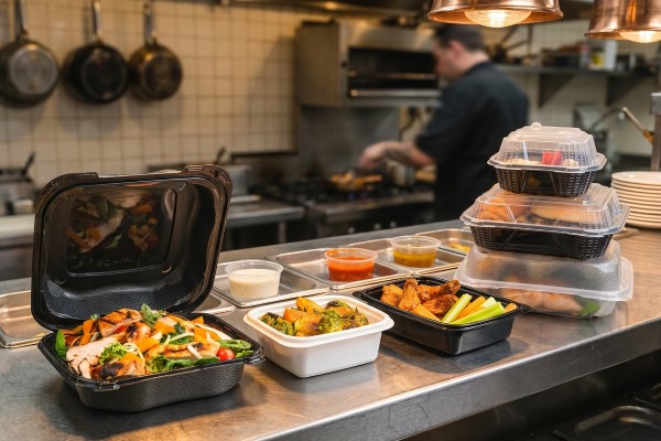 food packaging ready for pick up at fast casual restaurant