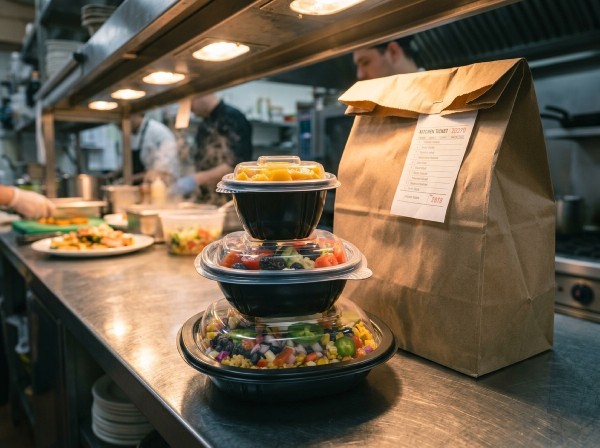 food packaging ready for pick up at fast casual restaurant