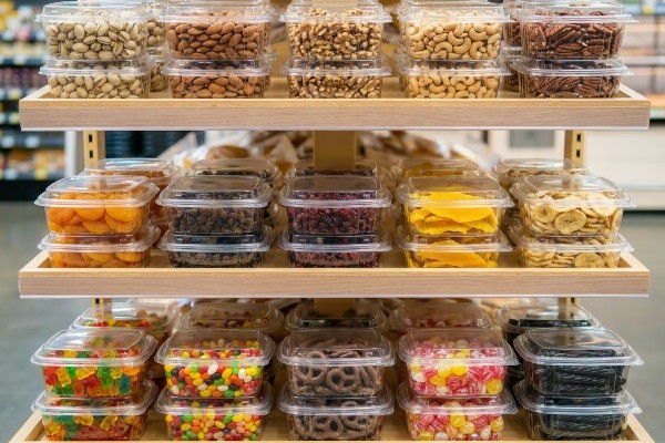 prepared food containers on shelf in grocery store
